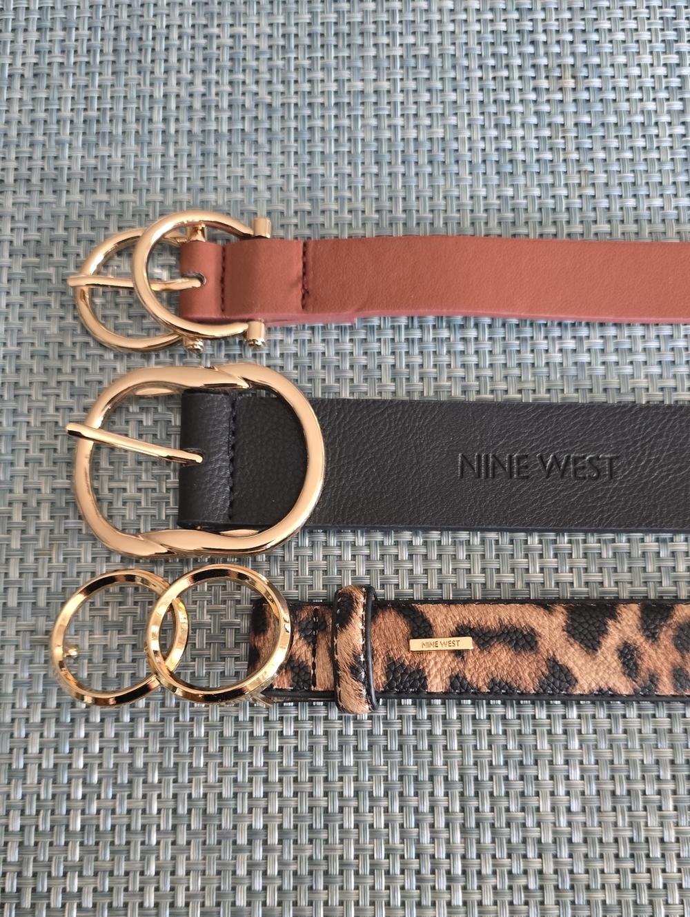 Nine West Trio of Belts, Black, Tan, and Leopard, Gold Hardware